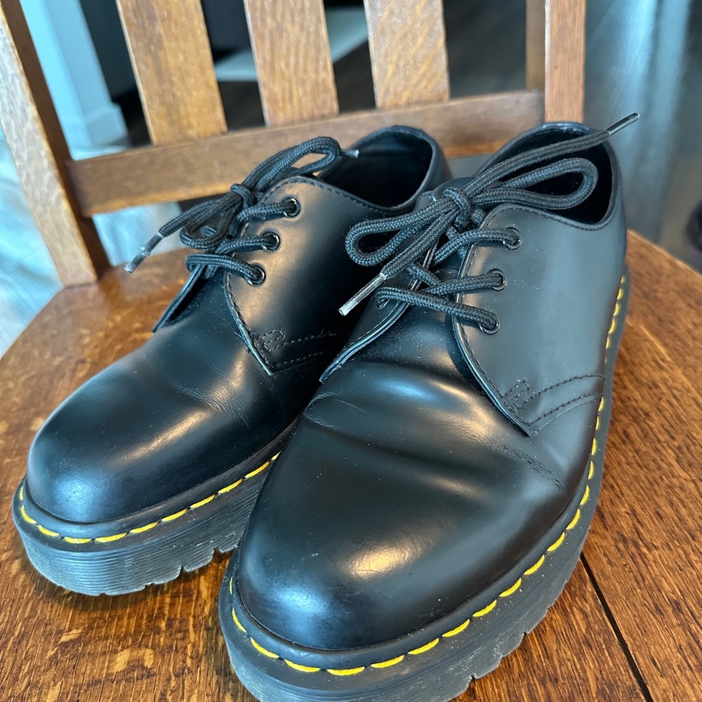 Dr. Martens Black Leather Oxfords with Yellow Stitching